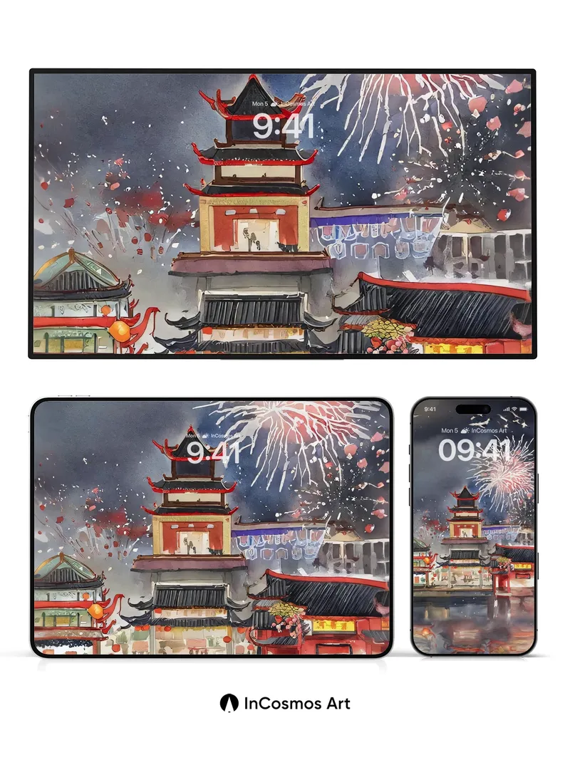 Firework Echo Wallpaper with Inked Reflections