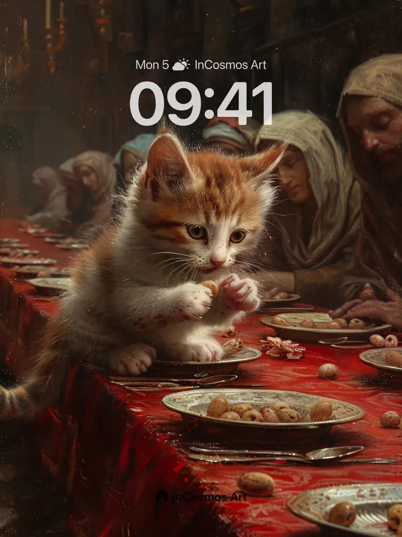 Whispering Feast Wallpaper with Kitten at the Table wallpaper for iPhone, iPad & Mac