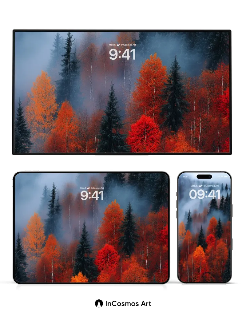 Autumn Hush Wallpaper with Mist-Cloaked Pines