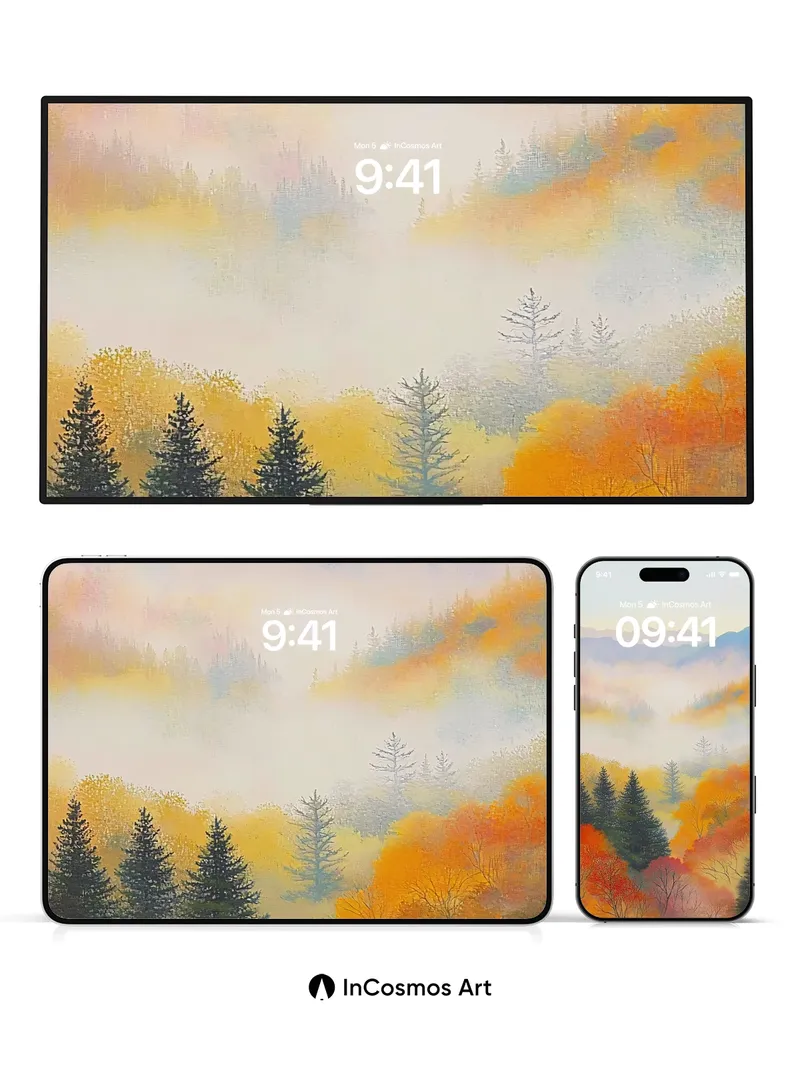 Autumn Hush Wallpaper with Mist-Drifted Peaks