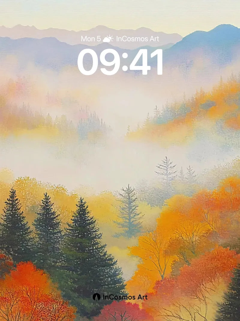 Autumn Hush Wallpaper with Mist-Drifted Peaks