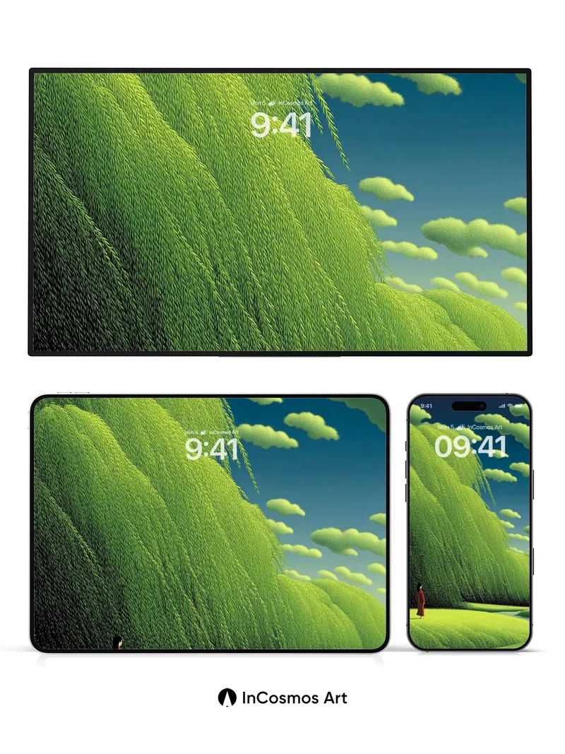 Whispering Willow Wallpaper with Emerald Skies
