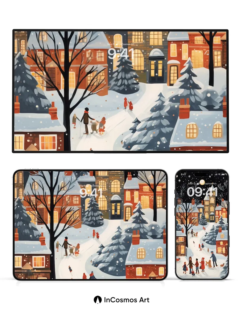 Moonlit Village Wallpaper with Snowfall Whispers