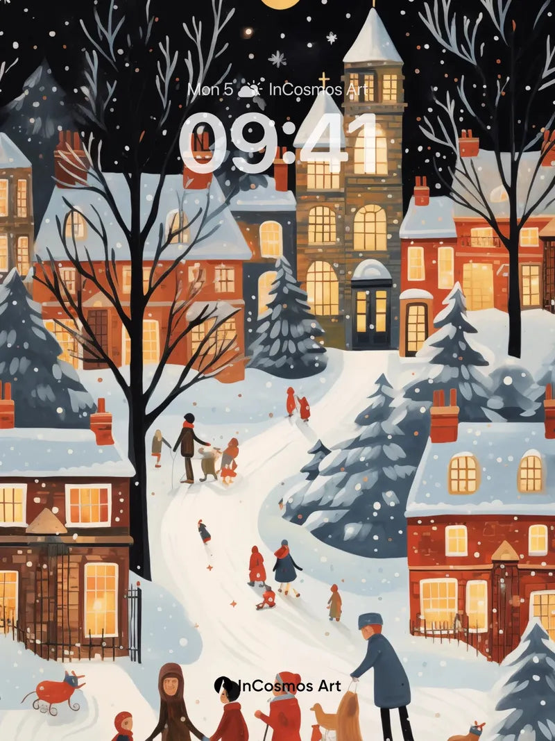 Moonlit Village Wallpaper with Snowfall Whispers