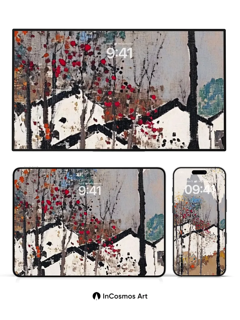 Whispering Autumn Trees Wallpaper with Misty Peaks