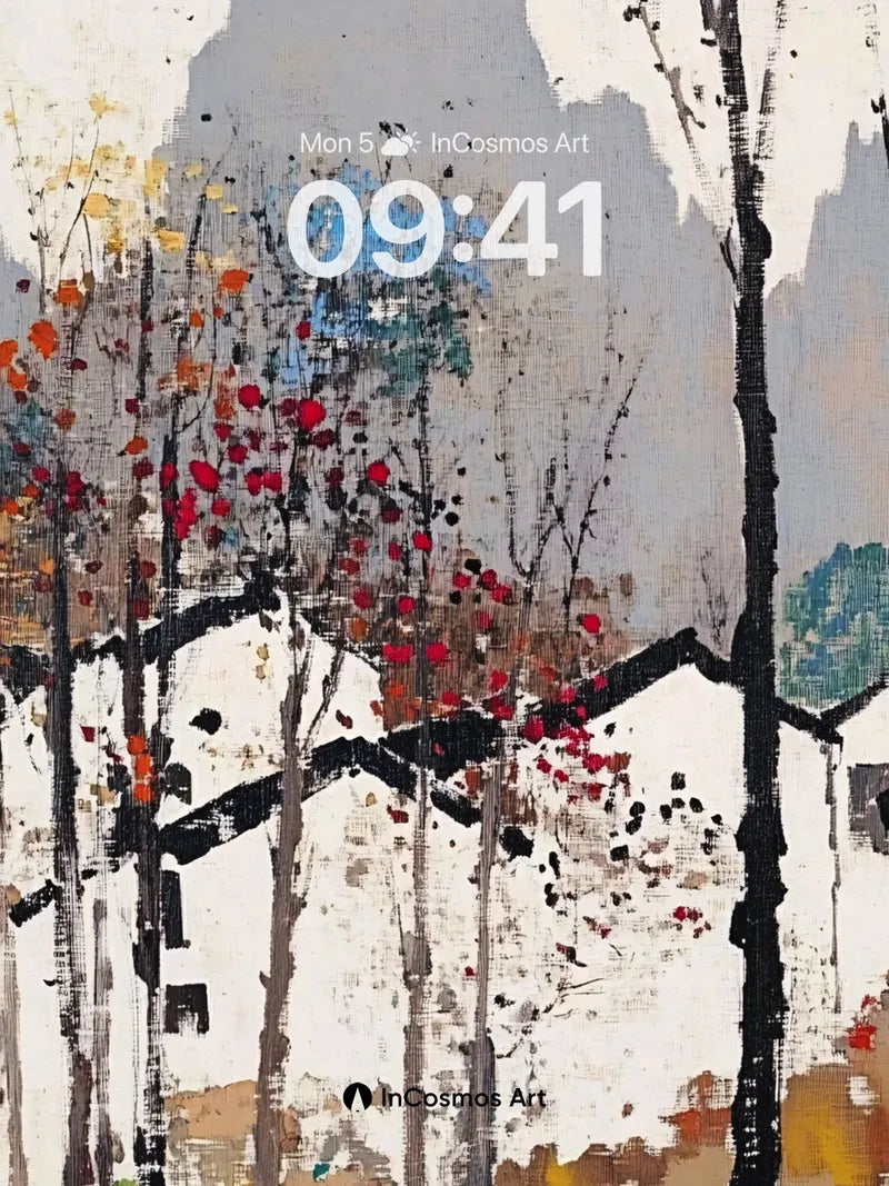 Whispering Autumn Trees Wallpaper with Misty Peaks