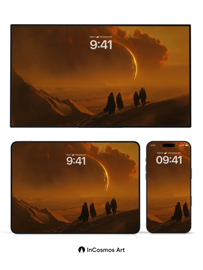 Crimson Eclipse Wallpaper with Desert Pilgrims