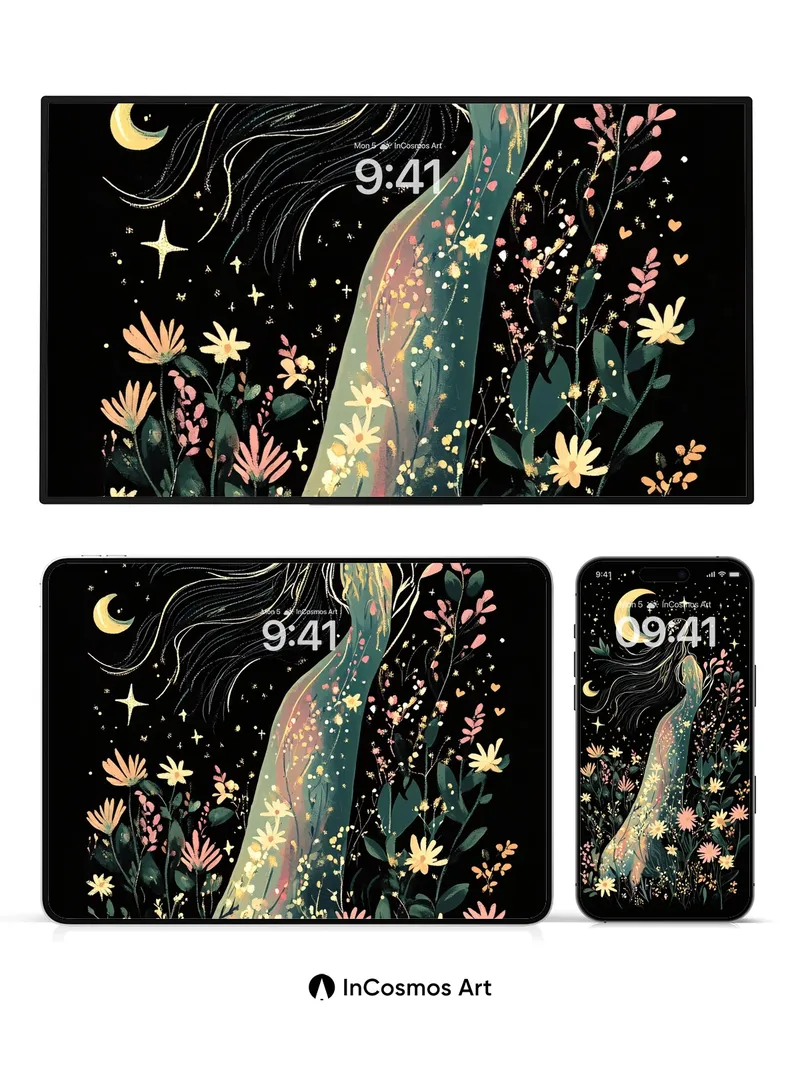 Stellar Bloom Wallpaper with Moonlit Veil