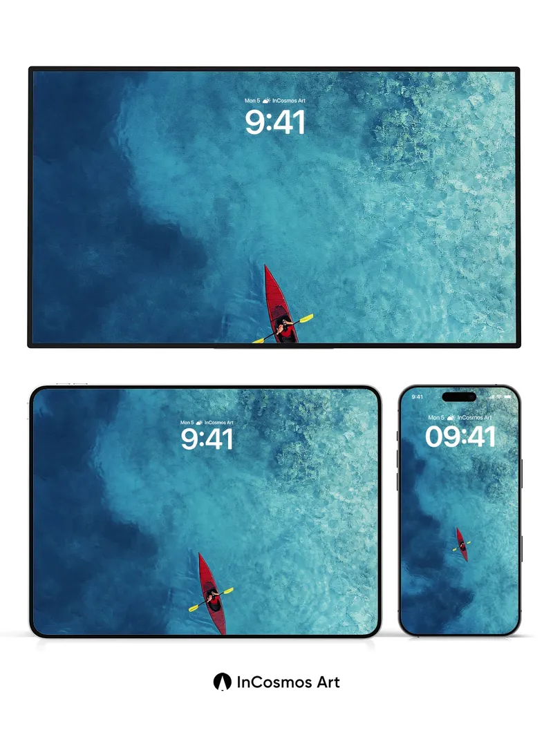 Serene Depths Wallpaper with Crimson Kayak