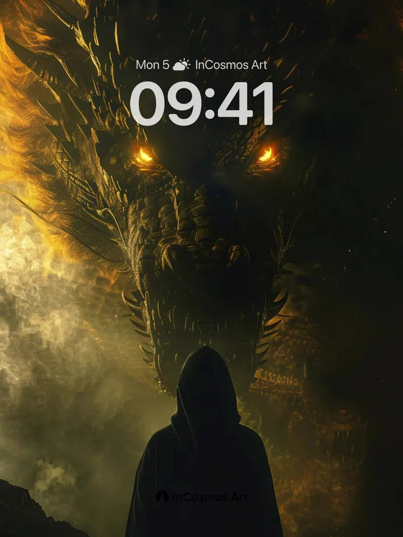 Shadowed Encounter Wallpaper with Fiery Dragon Eyes