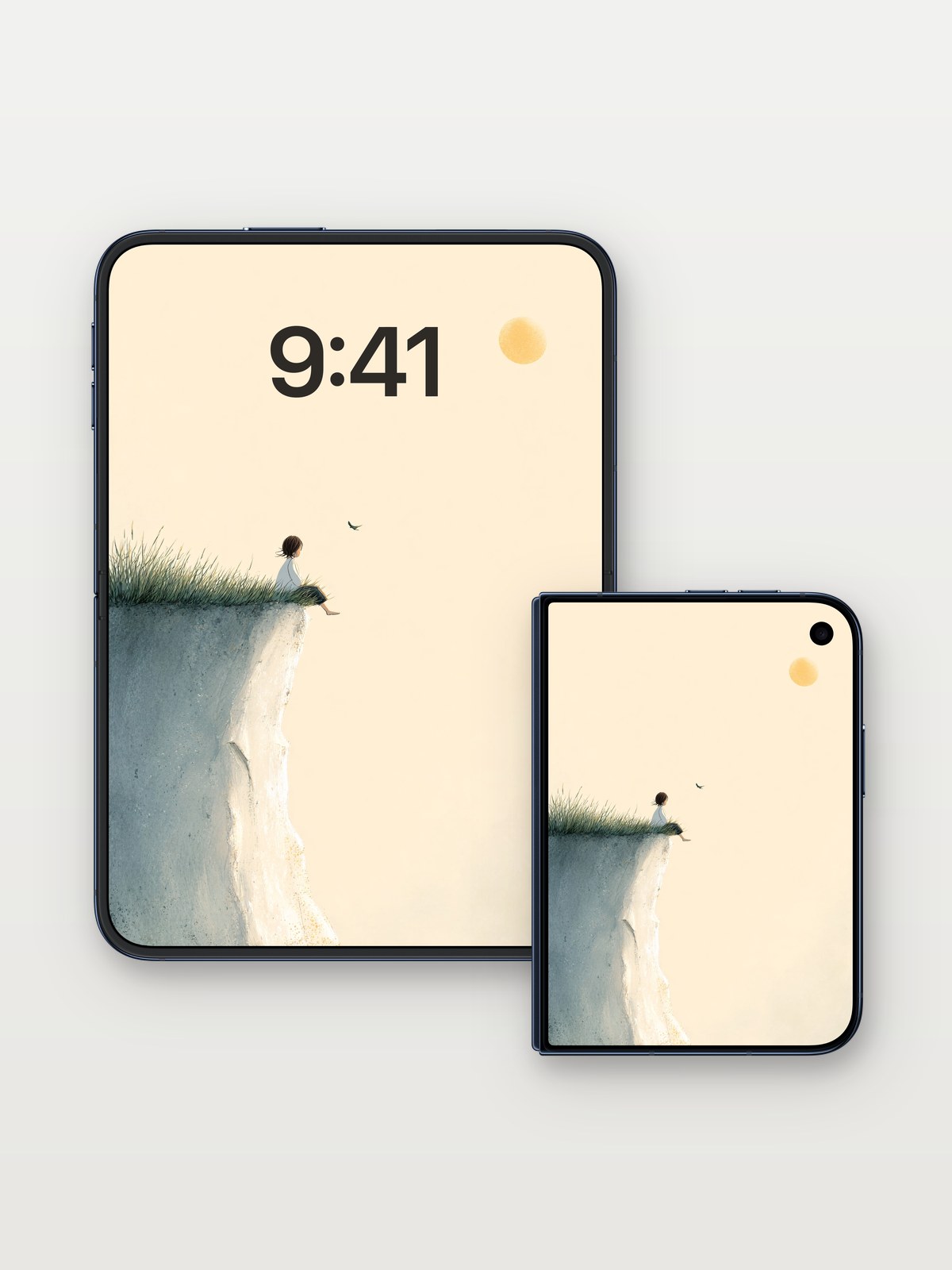 Serenity Cliff Wallpaper with Floating Sun on iPhone Duo, open and closed