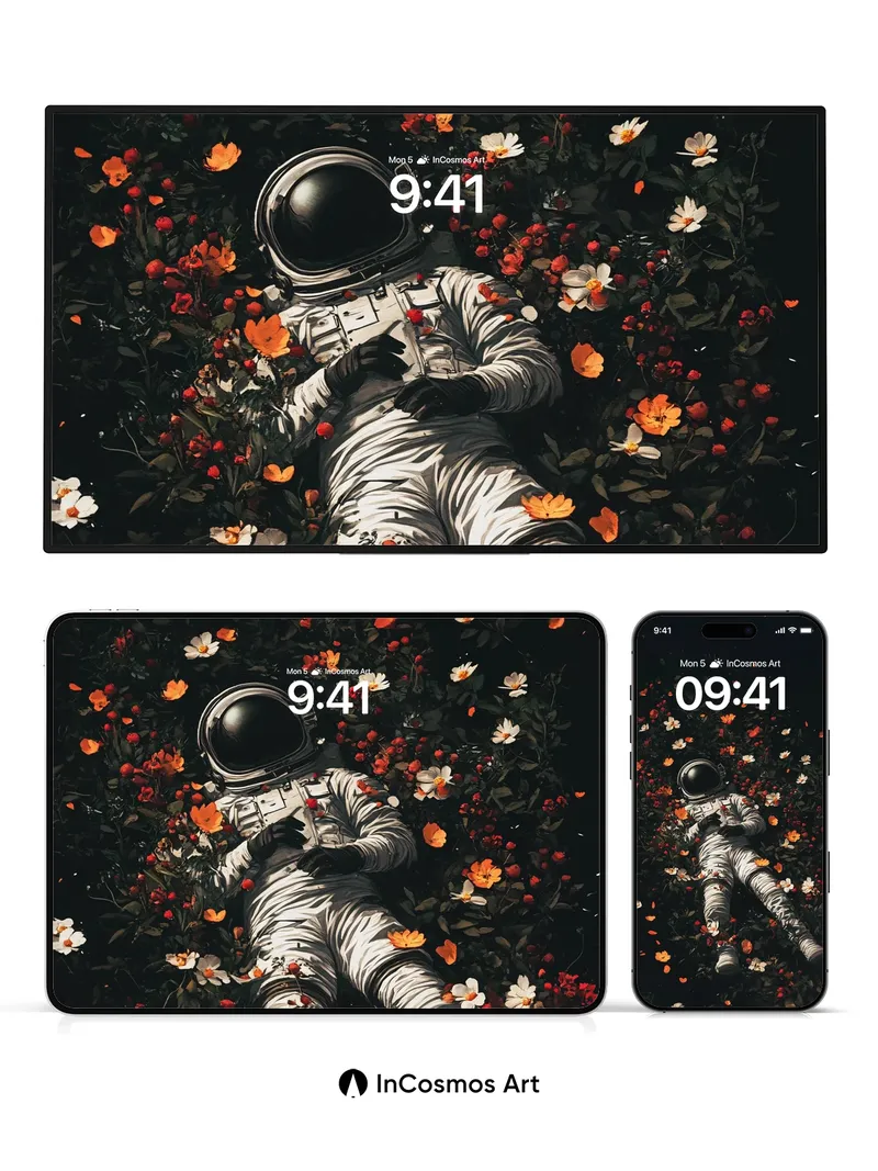 Cosmic Bloom Wallpaper with Astronaut Reclining