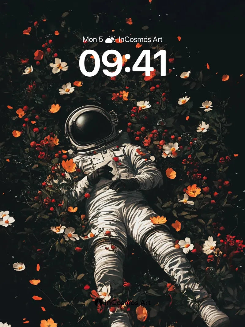 Cosmic Bloom Wallpaper with Astronaut Reclining