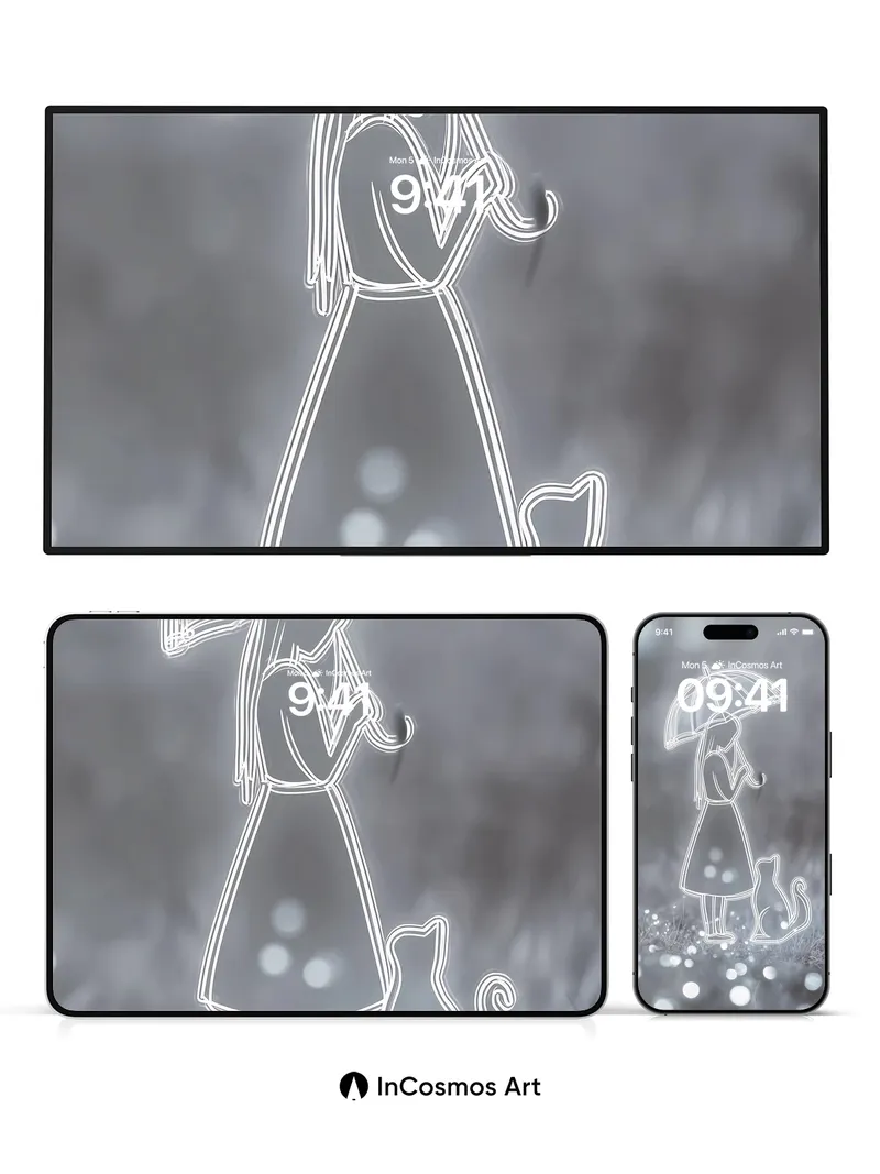 Silent Rainline Wallpaper with Feline Shadow