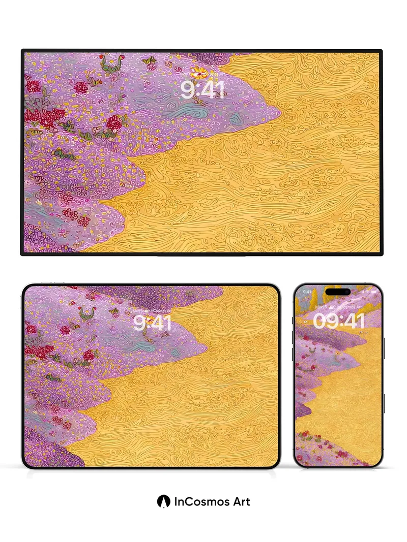 Whirlwind Lavender Wallpaper with Golden Currents