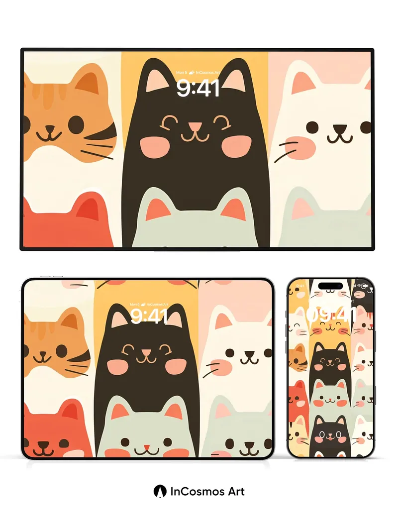 Whimsical Cat Stack Wallpaper with Kawaii Charm