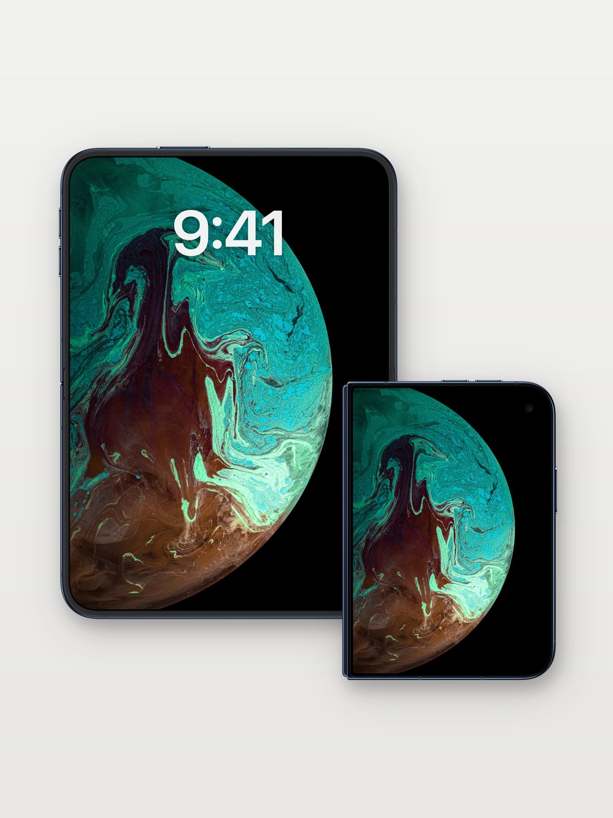 Whirlwind Sea Wallpaper with Cosmic Veins on iPhone Duo, open and closed