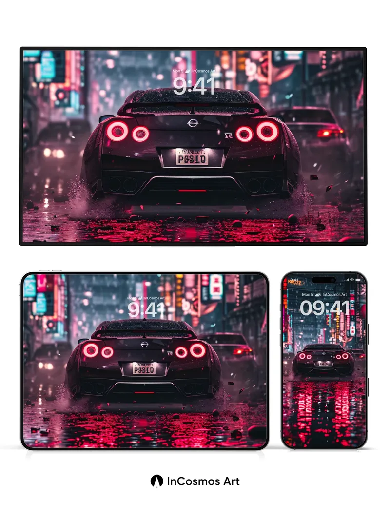 Neon Pulse Wallpaper with Rain-Soaked Reflections