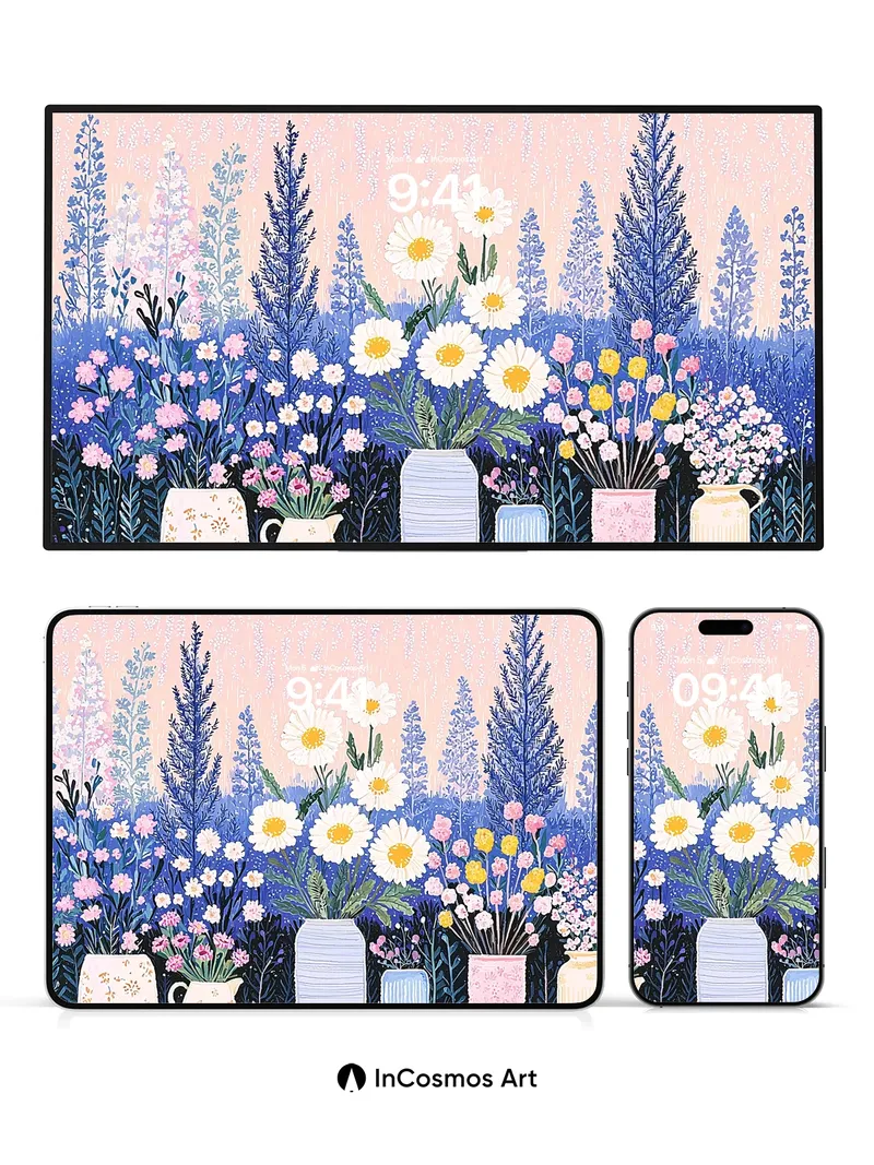 Whispering Meadow Wallpaper with Porcelain Vases