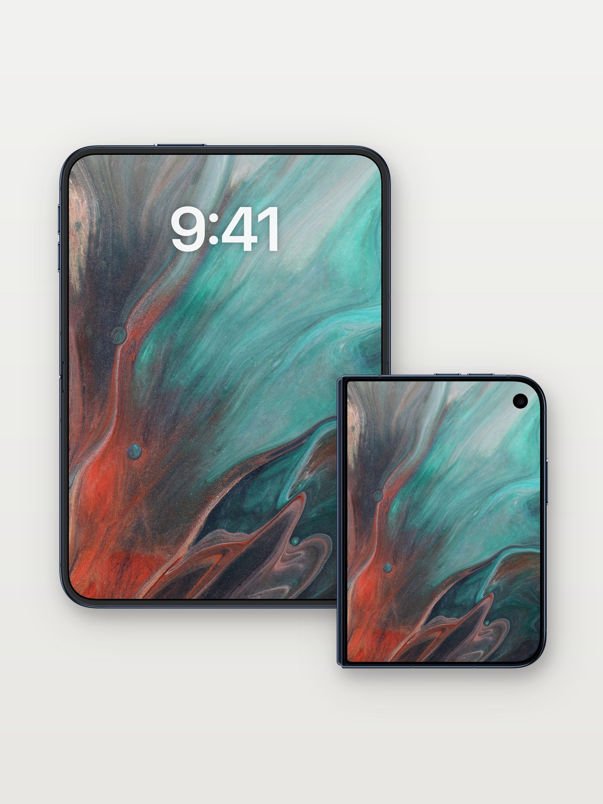 Turquoise Drift Wallpaper with Crimson Veins on iPhone Duo, open and closed