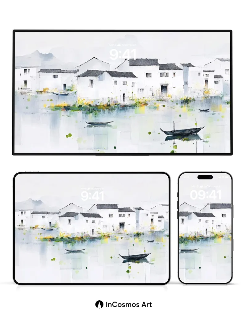 Serene Watercolor Village Wallpaper with Floating Boats