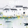 Serene Watercolor Village Wallpaper with Floating Boats wallpaper for iPhone, iPad & Mac