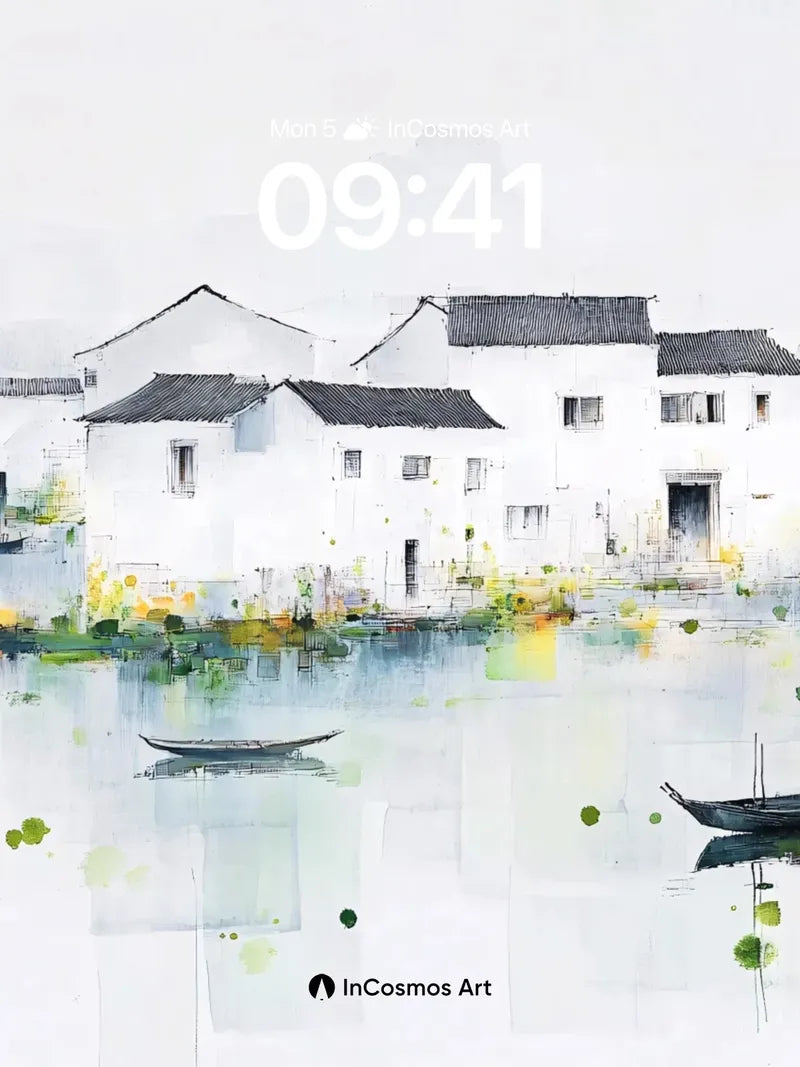 Serene Watercolor Village Wallpaper with Floating Boats