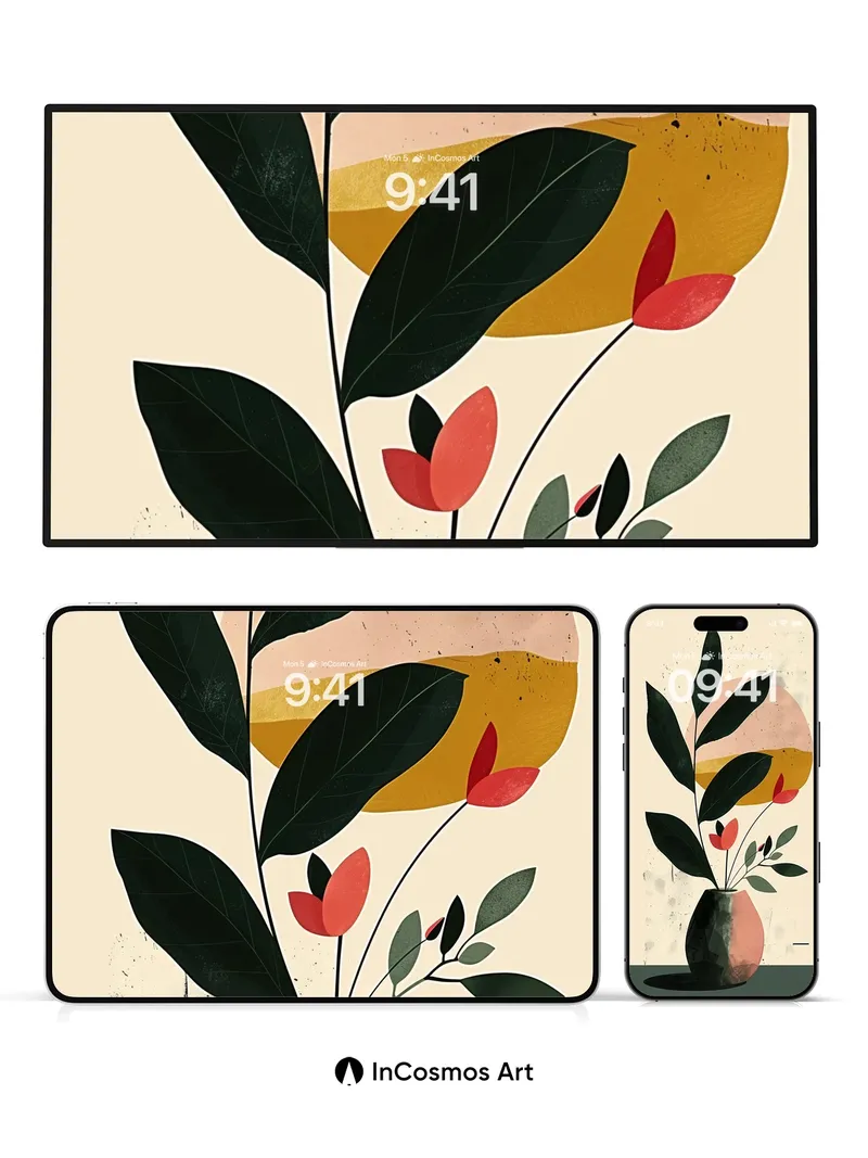 Calm Botanical Wallpaper with Earth-Toned Vessel