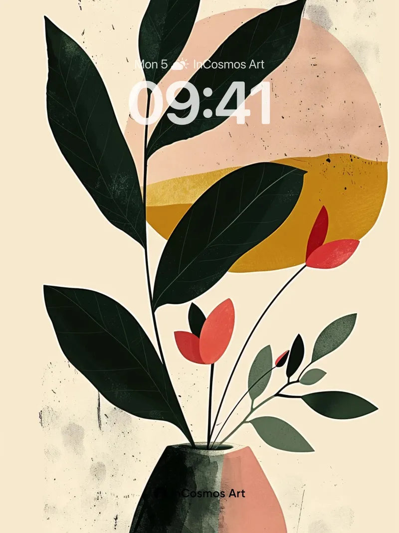 Calm Botanical Wallpaper with Earth-Toned Vessel