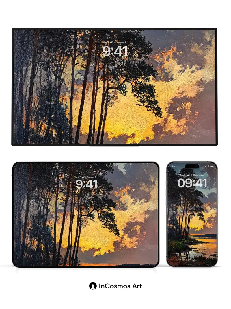 Golden Hush Wallpaper with Pine Silhouettes