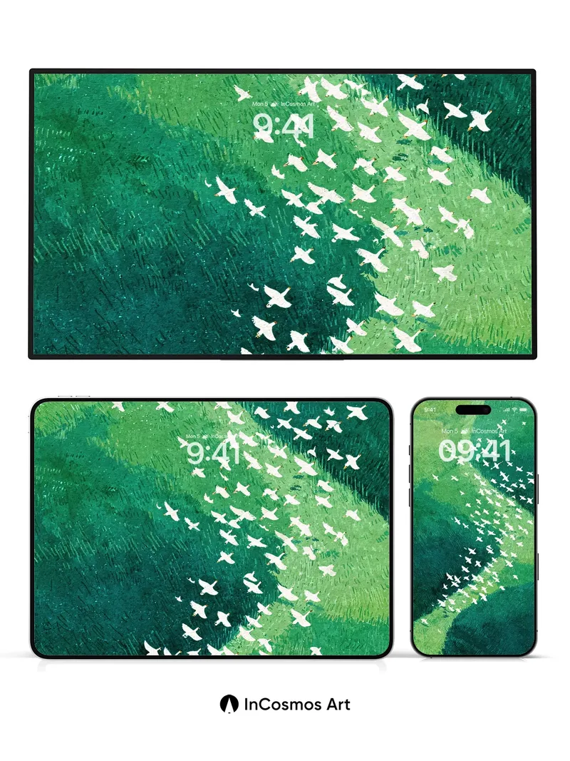 Serenity Flight Wallpaper with Emerald Canvases