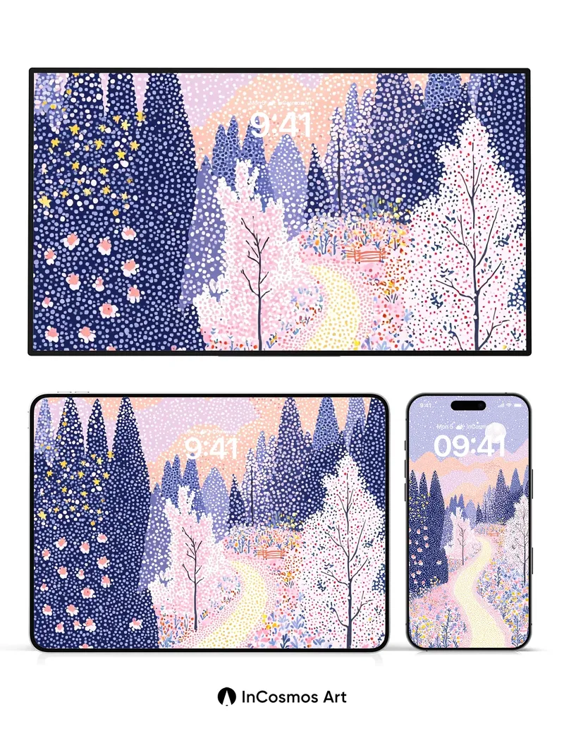 Luminous Pathway Wallpaper with Starlit Forest