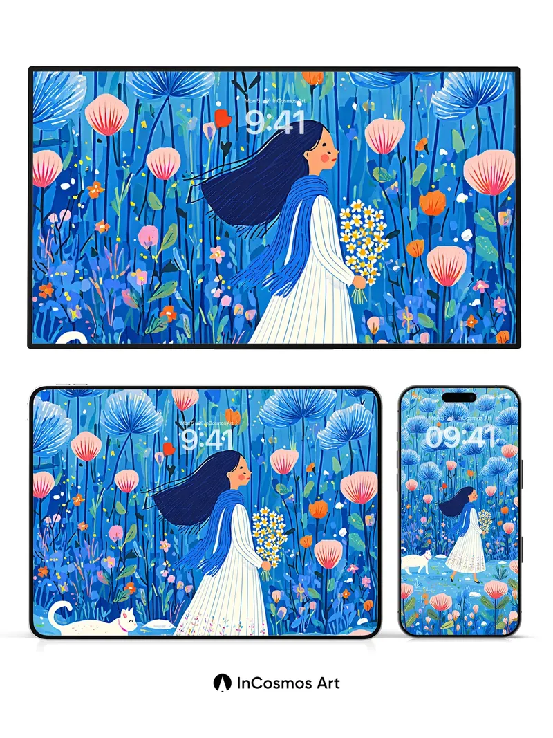 Whispering Bloom Wallpaper with Feline Companion