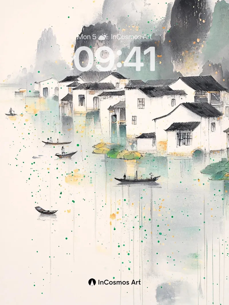 Serene Inkwater Wallpaper with Floating Boats wallpaper for iPhone, iPad & Mac