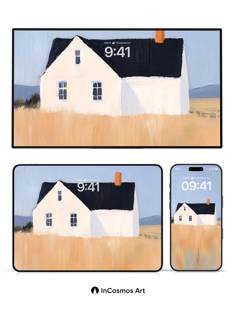 Serene Field House Wallpaper with Golden Grass