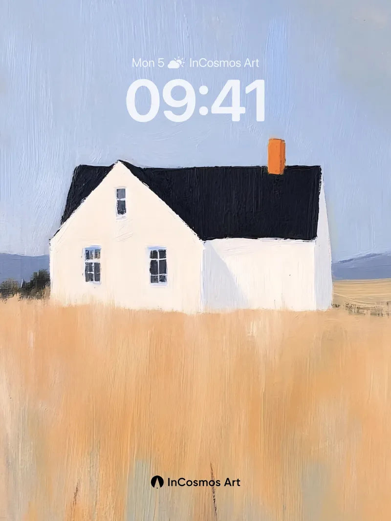 Serene Field House Wallpaper with Golden Grass