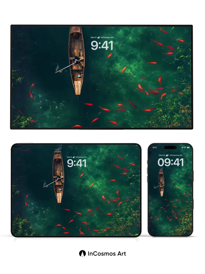 Emerald Drift Wallpaper with Crimson Fish