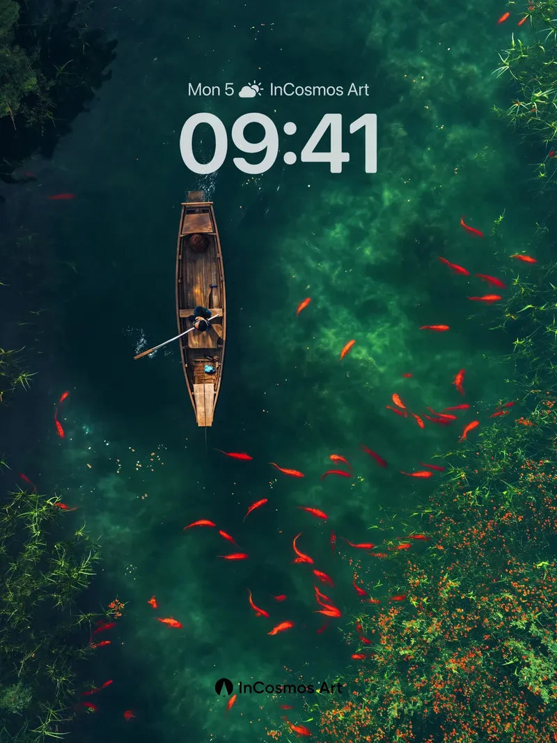 Emerald Drift Wallpaper with Crimson Fish