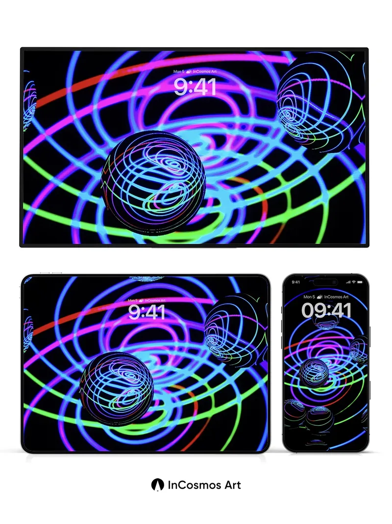 Neon Labyrinth Wallpaper with Floating Orbs