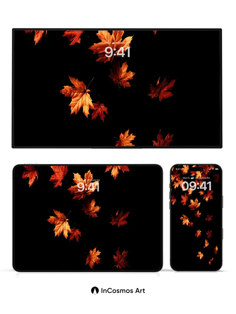 Autumn Whisper Wallpaper with Floating Leaves