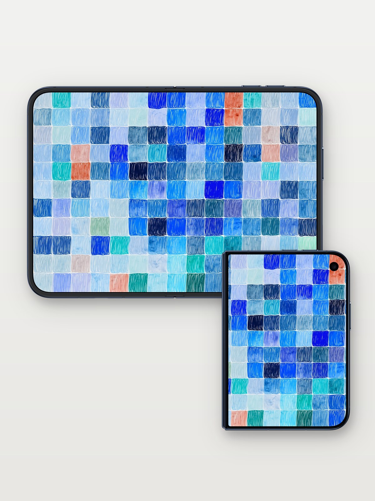 Quiet Blue Tile Wallpaper with Soft Grain on iPhone Duo, open and closed