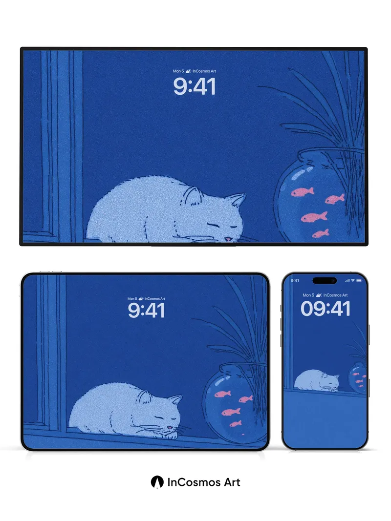 Midnight Serenity Wallpaper with Sleeping Cat