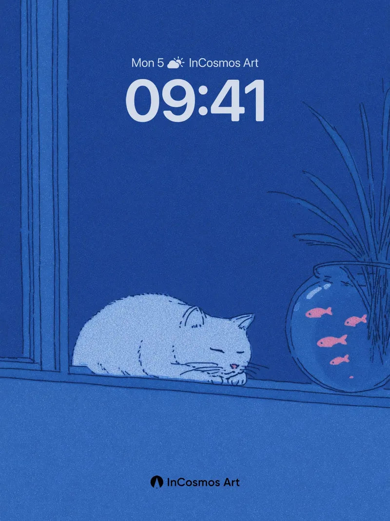 Midnight Serenity Wallpaper with Sleeping Cat