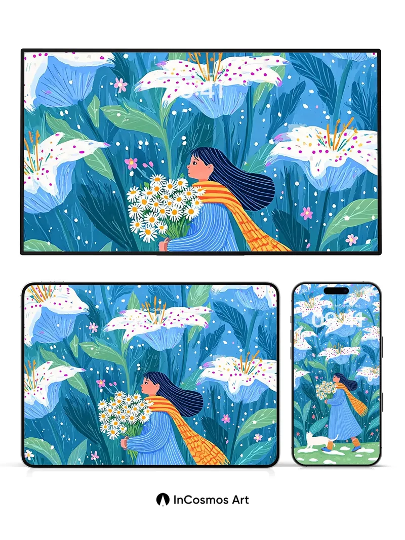 Whispering Lily Field Wallpaper with Feline Companion