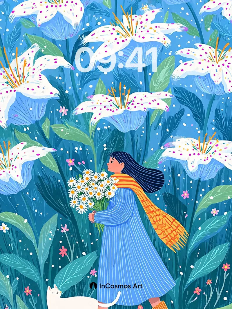 Whispering Lily Field Wallpaper with Feline Companion wallpaper for iPhone, iPad & Mac
