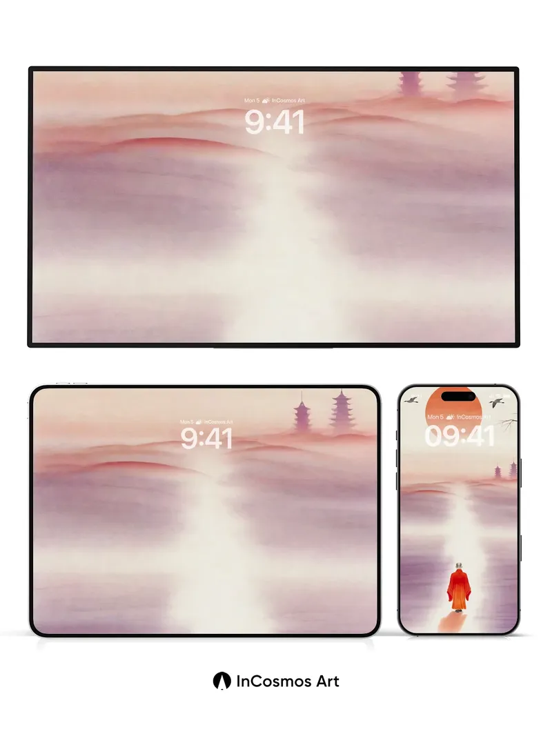 Serenity Path Wallpaper with Zen Monk Silhouette