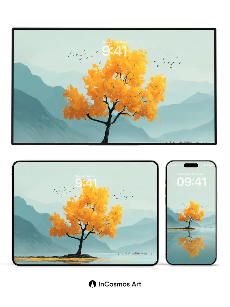 Golden Solitude Wallpaper with Mountain Mirror