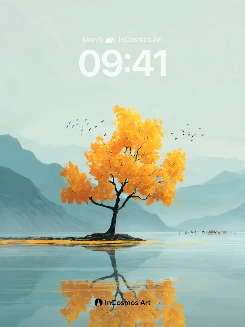 Golden Solitude Wallpaper with Mountain Mirror