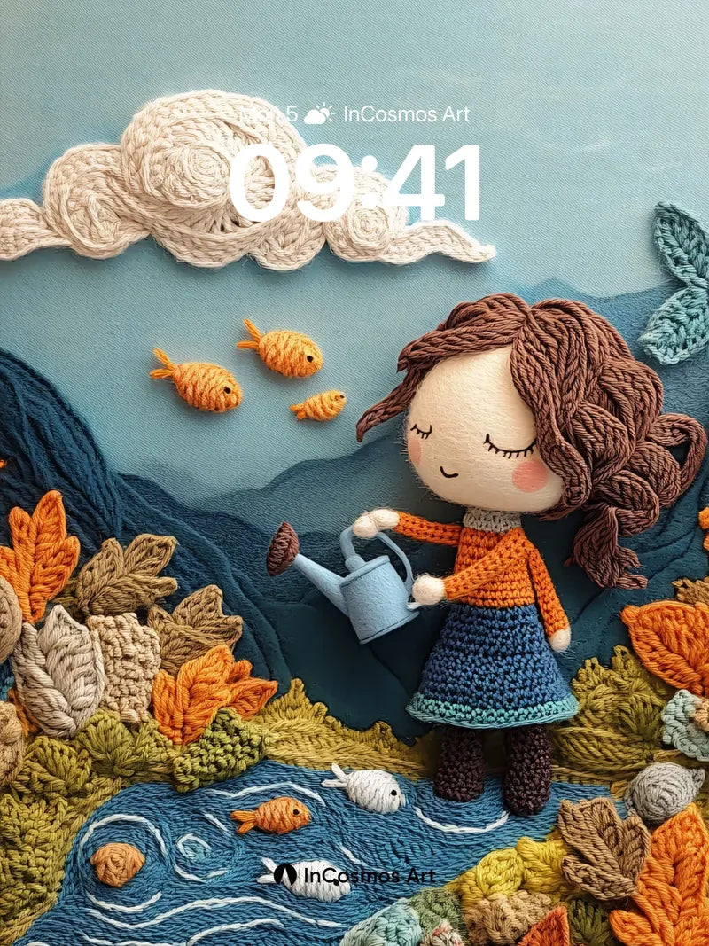 Whimsical Knit Garden Wallpaper with Floating Fish wallpaper for iPhone, iPad & Mac