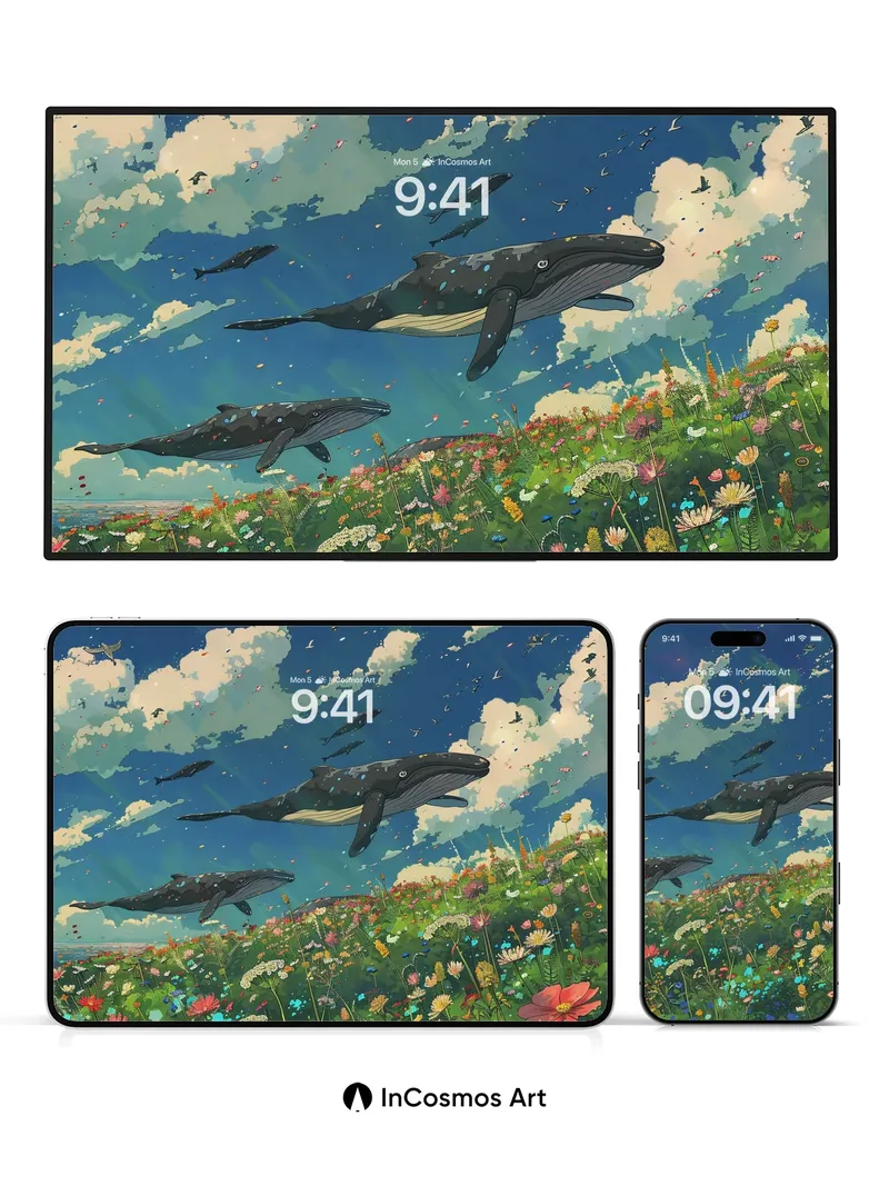 Whale Sky Wallpaper with Floating Flowers